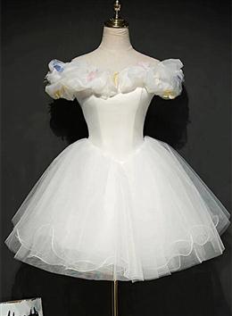 Picture of White Color Tulle Short Off Shoulder Homecoming Dresses, White Color Graduation Dresses